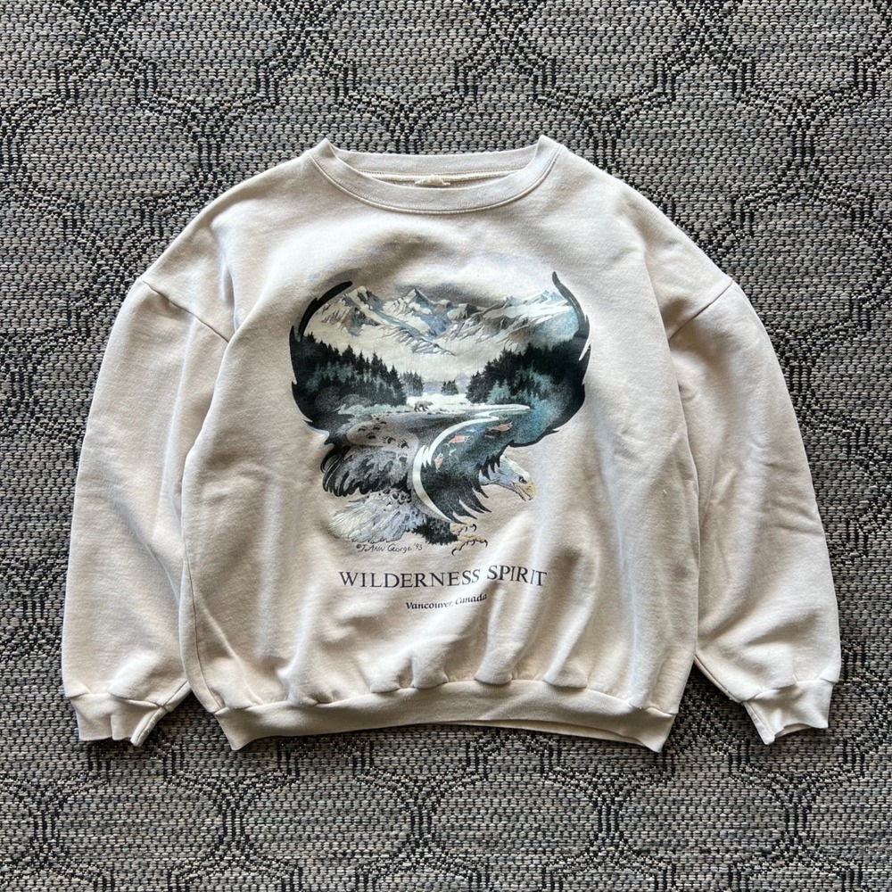 Vintage Harlequin Sweatshirt Mens Large Beige Eagle Wilderness Spirit Nature